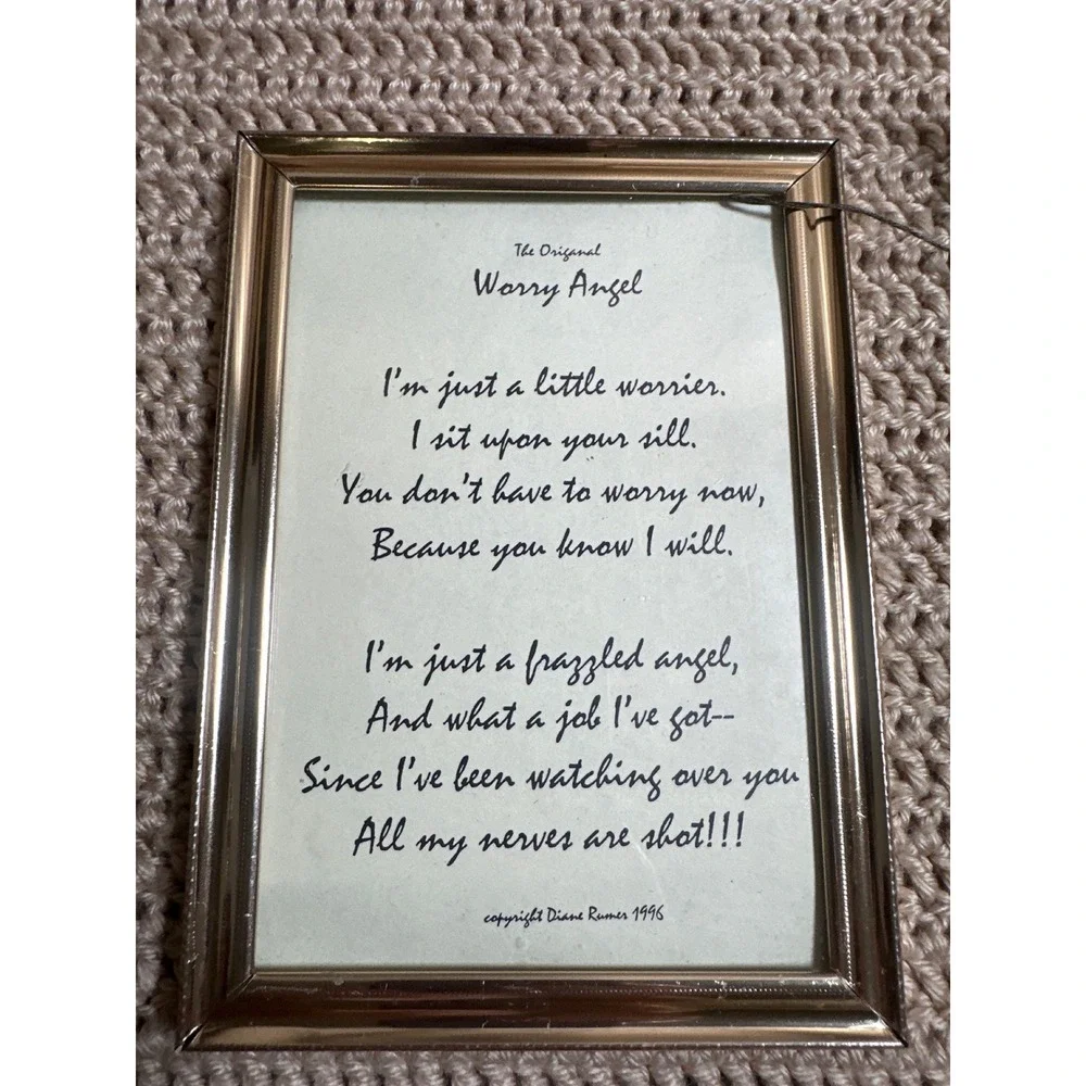 Vintage 1996 Diane Rumer The Original Worry Angel Framed Poem Gold Tone 5x7